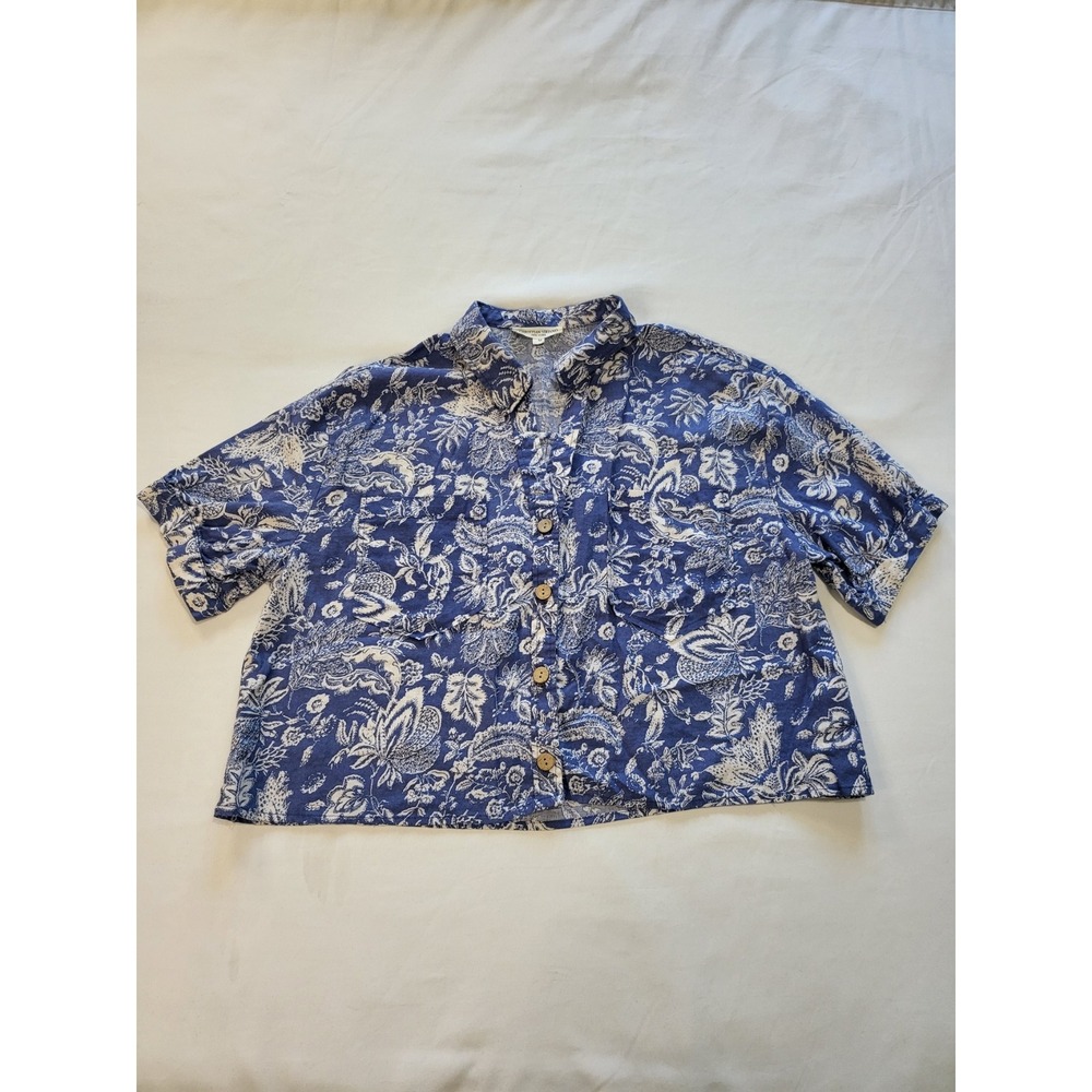 Christian Siriano Blue Floral Paisley Linen Blend Button Front Crop Shirt Medium